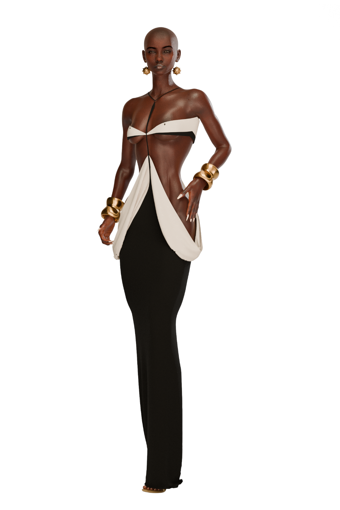 Woman wearing a black and white dress with gold accessories on a white background