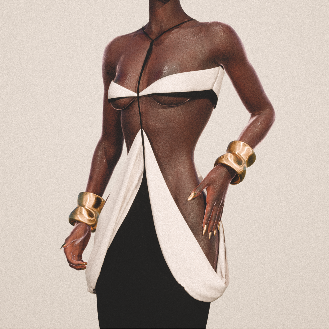 Model wearing a black and white dress with gold accessories on a plain background